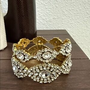 Gold Rhinestone Statement Bracelet - Clear Crystal Accents